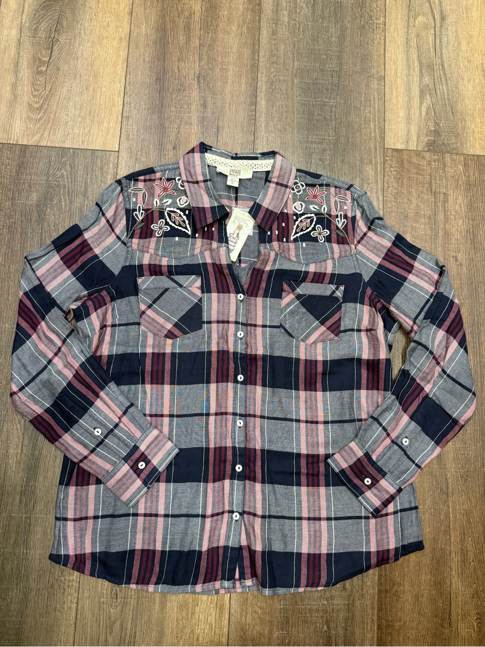 NWT Vintage America Blues Claire Plaid Shirt Blue pink XL floral embroidery